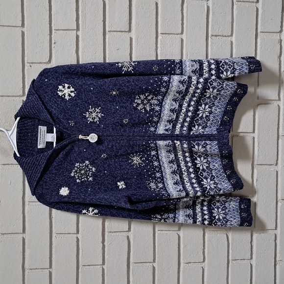 Tiara International Blue Heathered Beaded/Gem Christmas Zip-Up Sweater. Sz Large - Picture 1 of 9